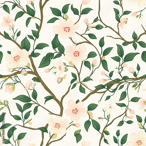 Luxurious seamless pattern featuring evergreen branches intertwined with soft pink flowers