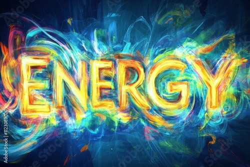 Vibrant Impressionist Representation of the Word ENERGY with Blue Oil and Gas Pump Nozzle Elements in Dynamic Brush Strokes and Vivid Colors photo