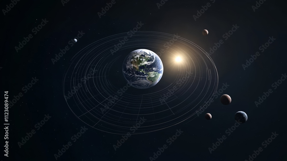 Naklejka premium Earth axis diagram illustration showing the tilt of the Earth's rotational axis relative to its orbital plane, explaining the cause of seasonal changes and the distribution of sunlight.