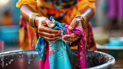 Close up of a woman's hands washing colorful clothes in a basin.