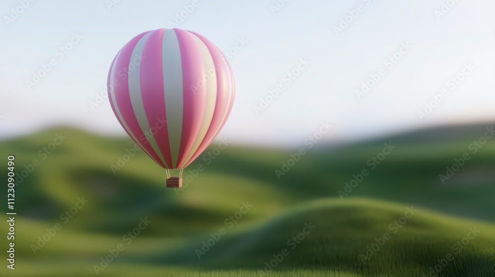Fototapeta premium Pink White Hot Air Balloon Over Rolling Green Hills
