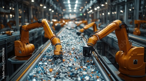 Robotic arms sorting recyclable materials in a circular economy-focused facility photo