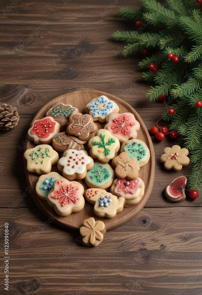 Fir branch with decorated cookies arranged on a wooden table, pine, sweet, holiday decor Fir branch with decorated cookies arranged on a wooden table, pine, sweet, holiday decor