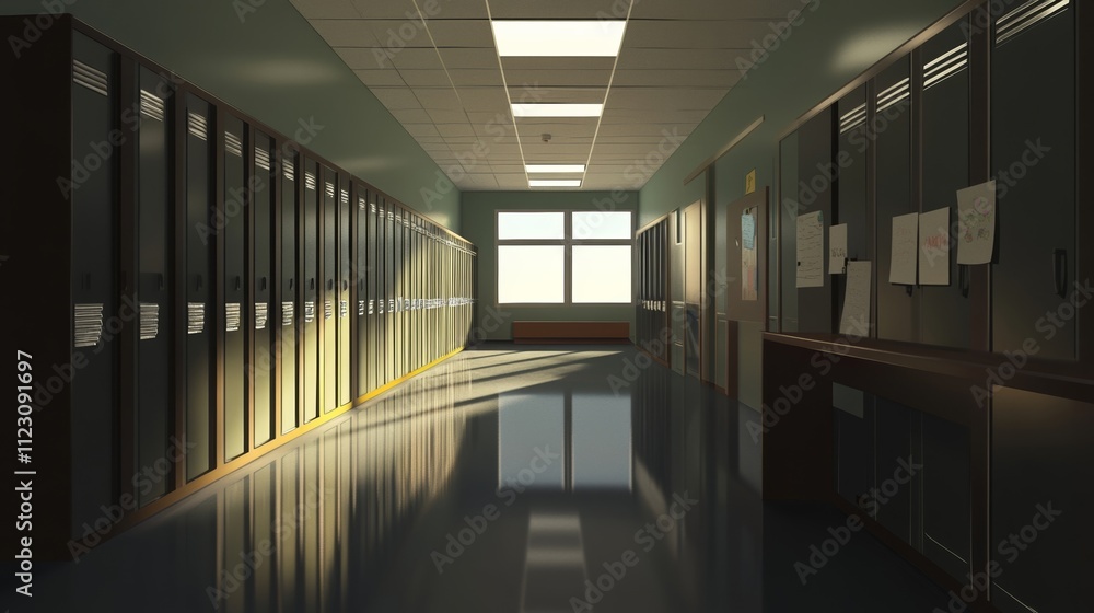 Obraz premium Empty school hallway, a silent testament to the passage of time and the fleeting nature of youth, where memories of laughter and learning linger in the air, waiting to be rediscovered.