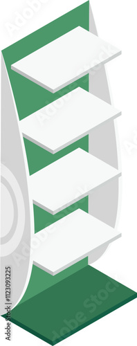 Isometric view of an empty, modern retail display stand featuring white shelves and green accents, ready for product placement in a store setting