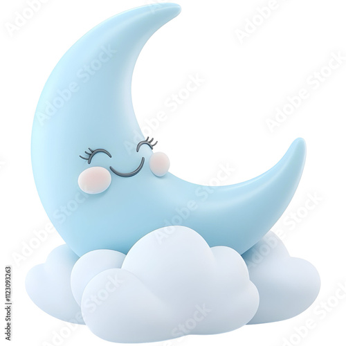 a happy light blue crescent moon with a happy face on it sitting on a single cloud,