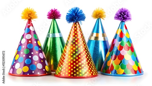 A set of colorful party hats for a New Year's Eve celebration, isolated on a white background, perfect for festive gatherings, holiday parties, and joyful moments marking the start of a new year photo