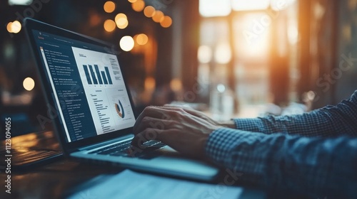 Small business owner working at desk with laptop and sales report document
