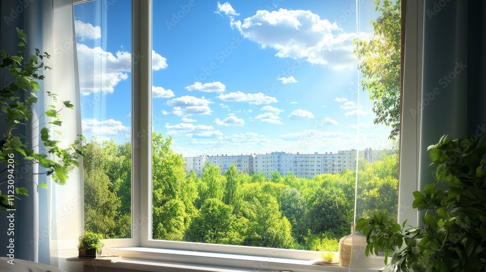 Naklejka premium An apartment window with a scenic view of a lush green forest and clear blue sky.