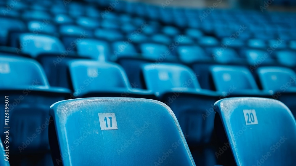 Naklejka premium Rows of blue stadium seats with seat numbers visible