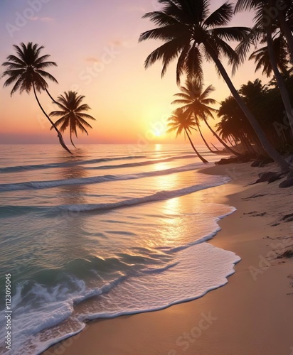 Wallpaper Mural Seaside view of a beach at sunset with palm trees, water, beach Torontodigital.ca