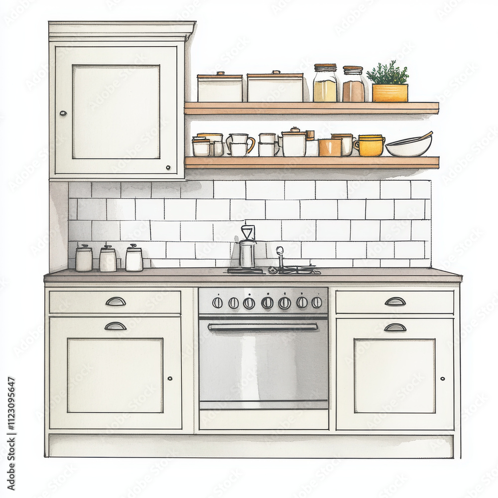 watercolour image of shaker style kitchen featuring open shelves, jars, and stove. design is inviting and modern watercolour image of shaker style kitchen featuring open shelves, jars, and stove. design is inviting and modern