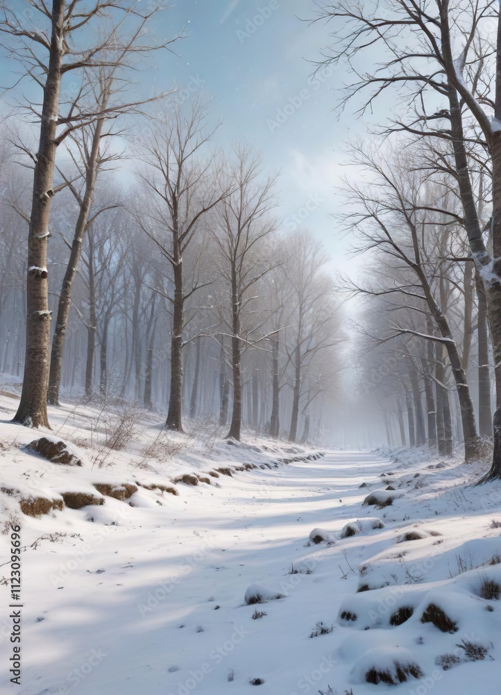 Fototapeta premium Snowy forest landscape with bare trees and a few scattered snowflakes, frozen, trees