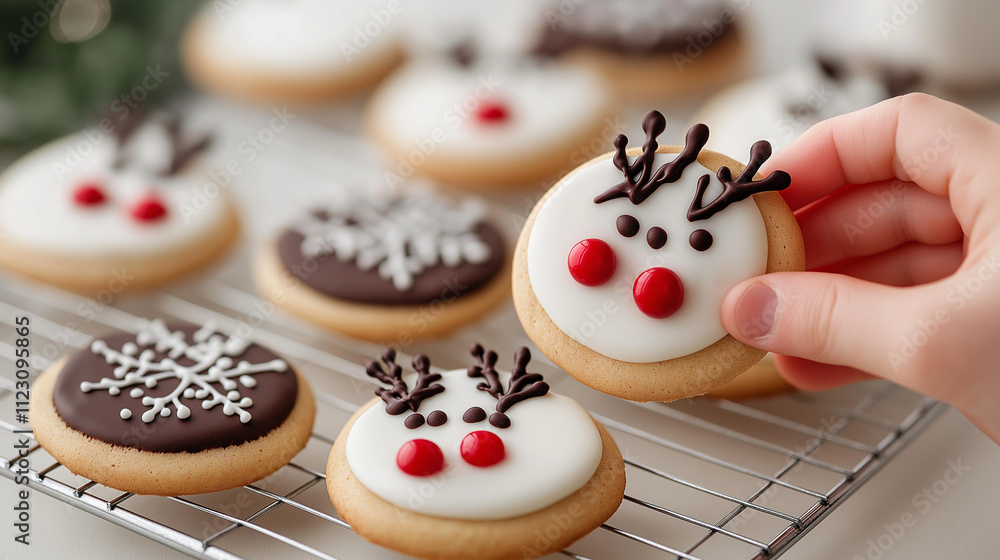 Christmas Reindeer Sugar Cookies: A child's hand delicately picks up a festive reindeer-shaped sugar cookie, adorned with chocolate icing and red candy dots. Surrounding it are more cookies. Christmas Reindeer Sugar Cookies: A child's hand delicately picks up a festive reindeer-shaped sugar cookie, adorned with chocolate icing and red candy dots. Surrounding it are more cookies.