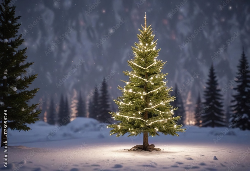 Obraz premium spruce tree with a white fairy lighting effect, winter, Christmas, fairy lights