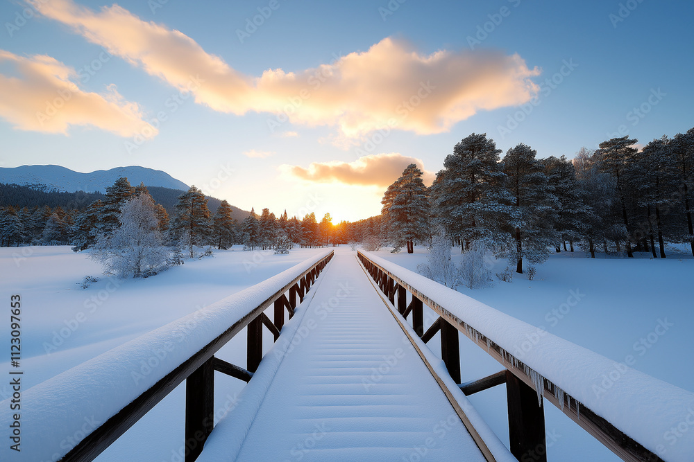 Fototapeta premium beautiful wooden bridge in winter landscape, surrounded by snow covered trees and mountains, captures serene beauty of nature at sunset