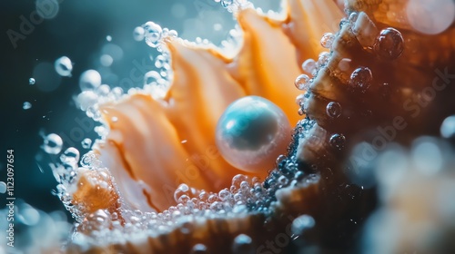 Close-up of a pearl within a shell, surrounded by bubbles in water. photo