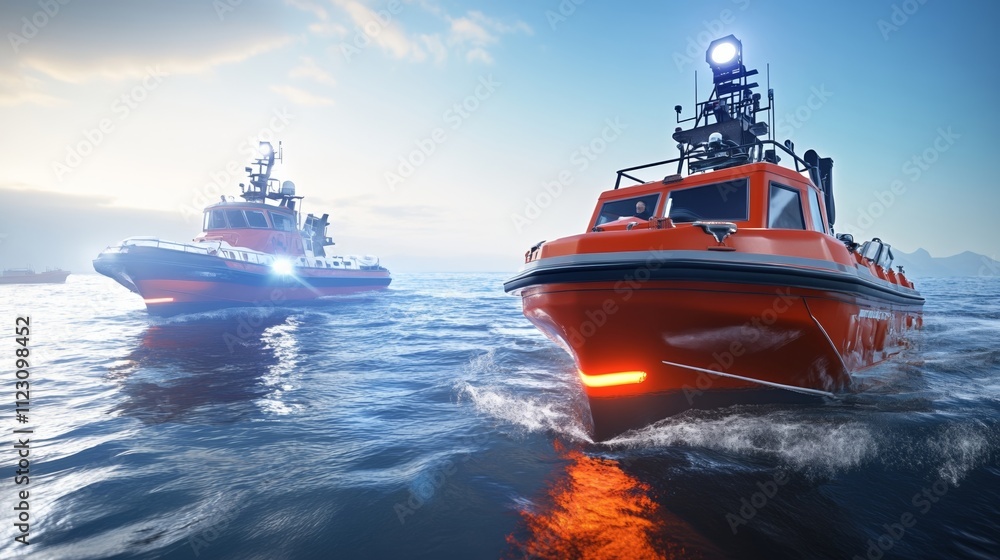 Fototapeta premium Rescue boats navigate through expansive waters, symbolizing hope and determination in the face of vast challenges.