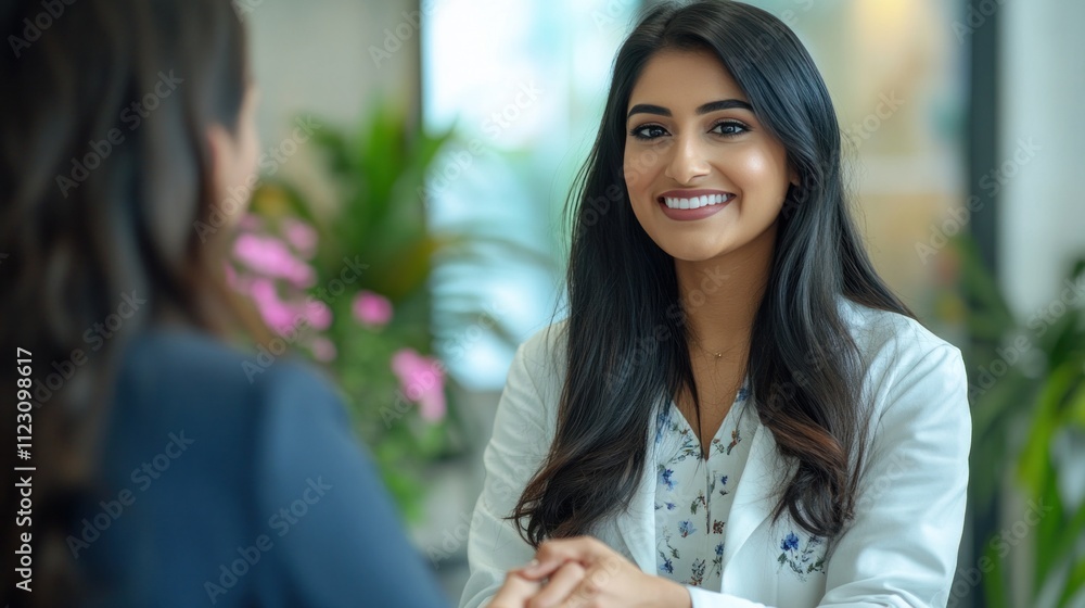 Young Indian woman shaking hands with new brunette American client in professional office Young Indian woman shaking hands with new brunette American client in professional office
