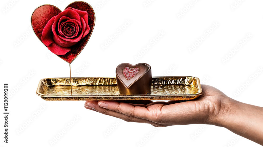 Heart-shaped rose with chocolate on a golden tray creating an elegant romantic gesture isolated on transparent background.