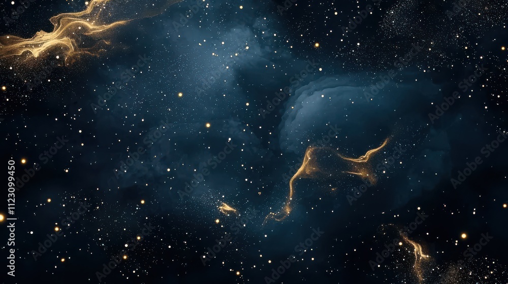 Cosmic nebula with swirling golden and blue gas clouds, scattered stars. Cosmic nebula with swirling golden and blue gas clouds, scattered stars.