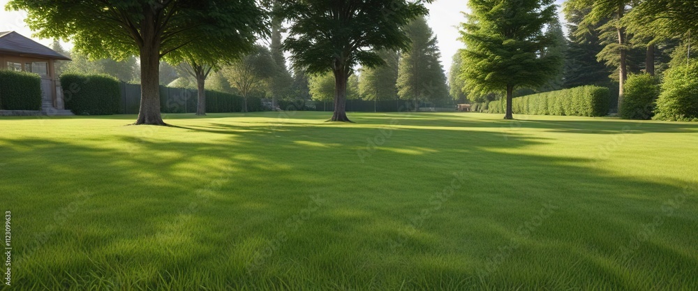 Obraz premium Wide shot of a lawn with freshly mowed grass and a few trees in the background, natural scenery, outdoor scene, green fields