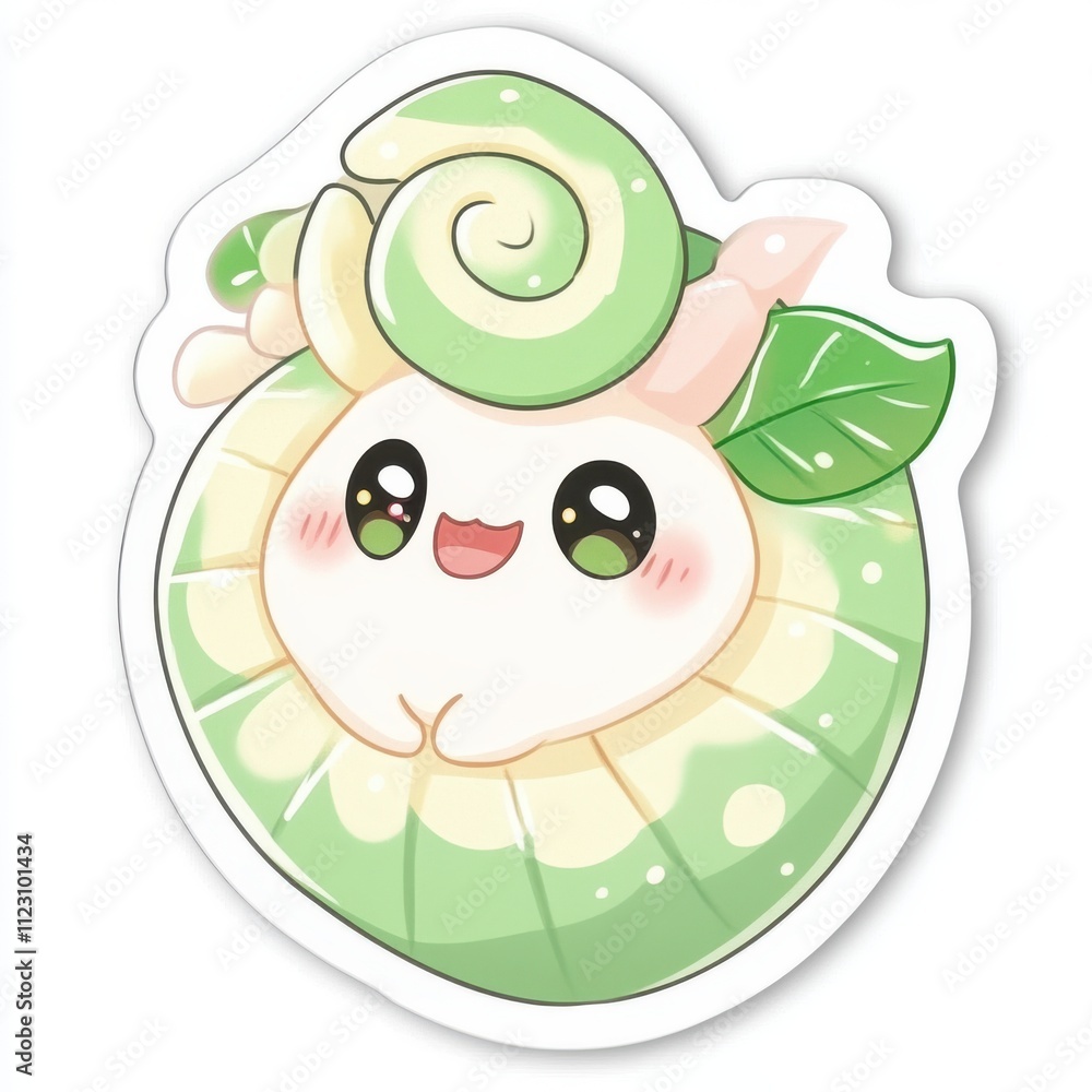 Obraz premium Cute cartoon snail character with pastel green shell and leaves.