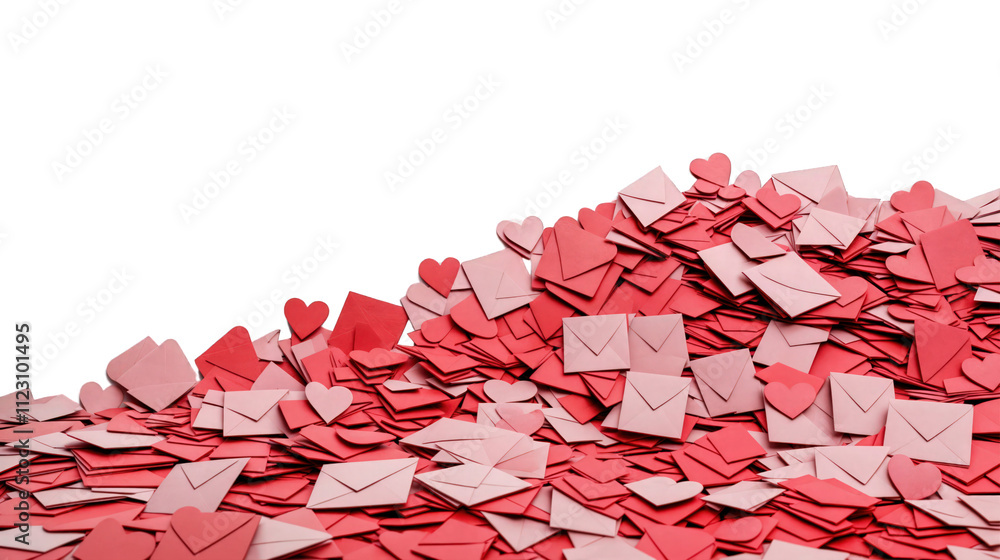 Pile of red and pink envelopes with heart decorations symbolizing love letters and romantic messages isolated on transparent background.