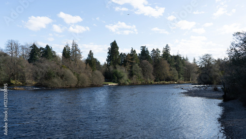 Billede på lærred River garry flowing through woodland in scotland on a sunny day