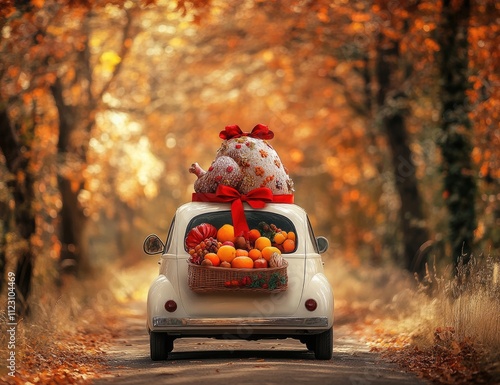 A vintage car loaded with a basket of colorful fruits, set against an autumn backdrop. photo