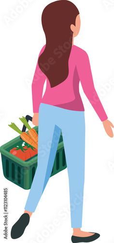 Rear view of a young woman walking away, carrying a shopping basket filled with fresh vegetables, promoting a healthy lifestyle and conscious consumerism