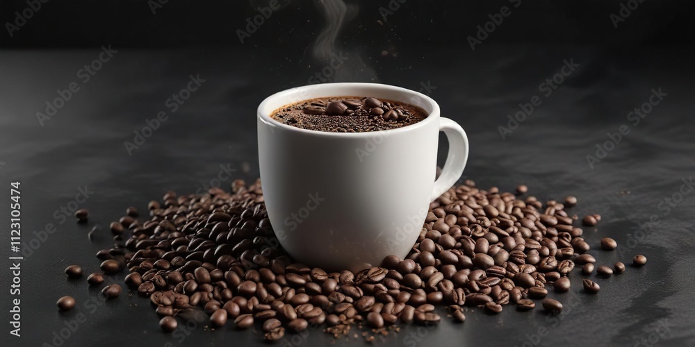 Naklejka premium Coffee beans and grounds spilling out of a cup on a sleek black surface, coffee lover, spill