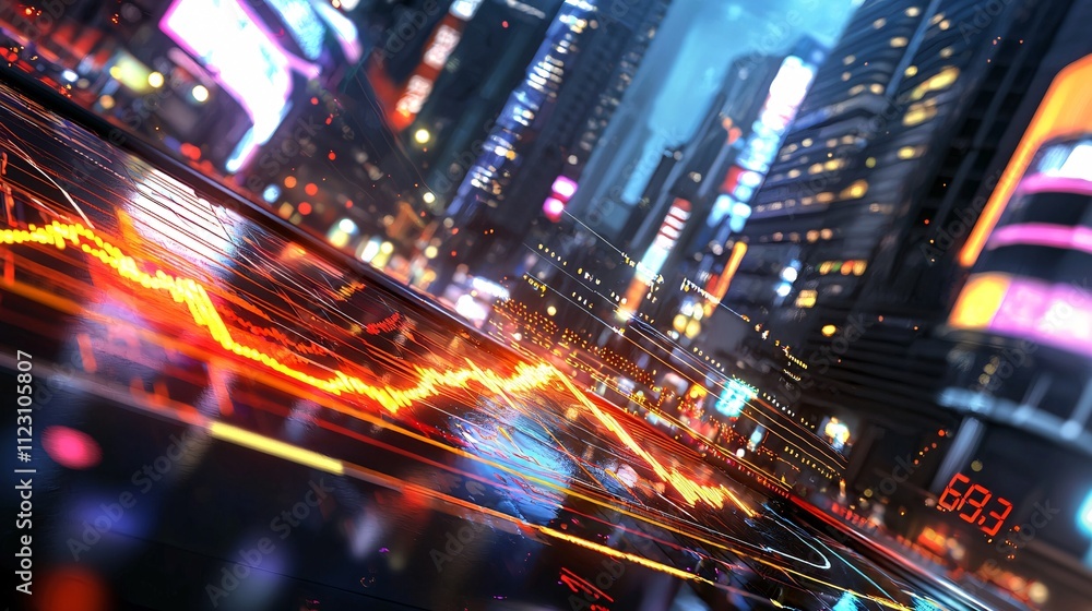Obraz premium Business and Strategy and Leadership Concept. Dynamic Cityscape with Abstract Data Visualization