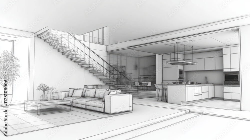Obraz premium 3D rendering of a contemporary homes open-plan kitchen and living room, complete with a sofa and stylish staircase, blending functionality and elegance