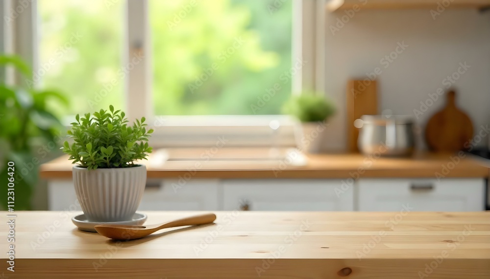 A wooden kitchen counter with a small potted plant and a wooden spoon in the foreground, with a blurred window and greenery visible in the background A wooden kitchen counter with a small potted plant and a wooden spoon in the foreground, with a blurred window and greenery visible in the background