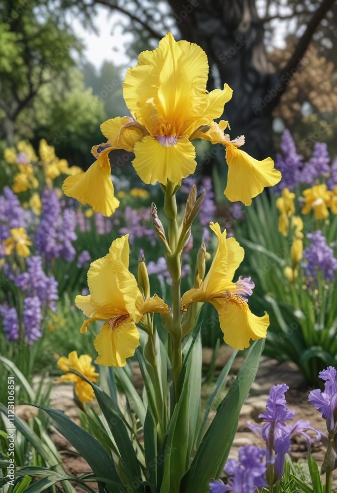 Obraz premium Colorful Lilac Yellow Iris Germanica in a Spring Garden, irises, vibrant, floral
