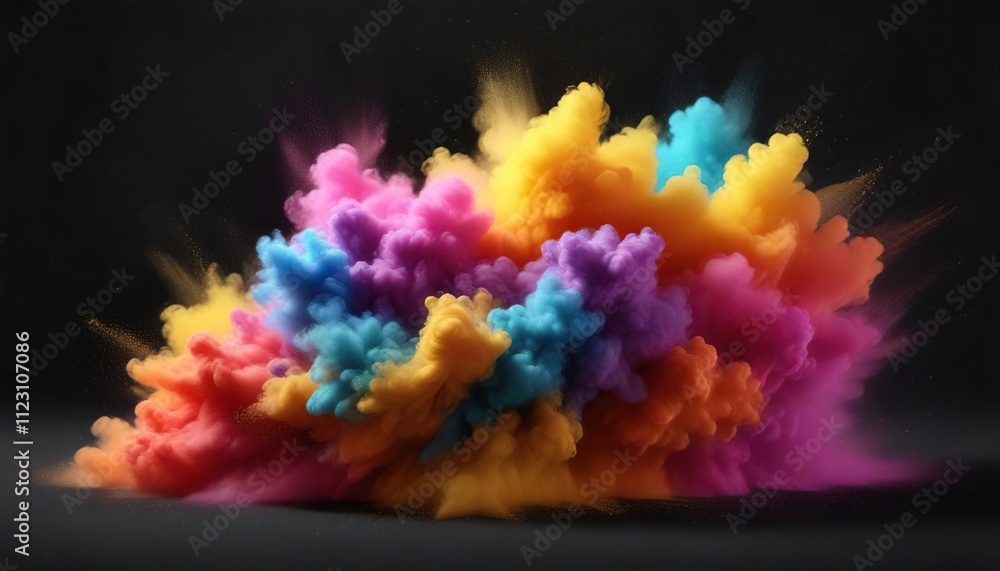 Fototapeta premium Colorful powder dust cloud on black background, Holi, festive, color