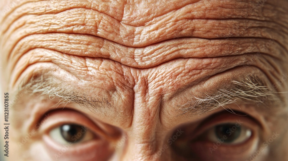 Wrinkles and folds on an elderly man's forehead, illuminated by natural light.
