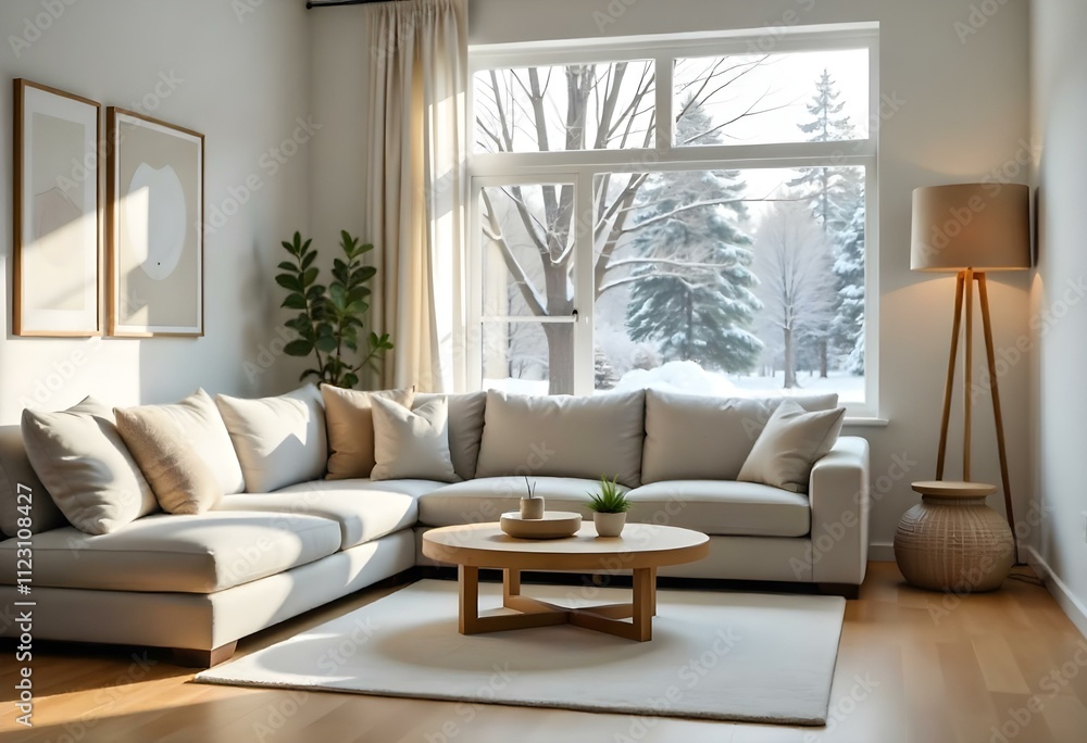 Fototapeta premium A cozy and inviting living room with a large gray sectional sofa, a wooden coffee table, and a large window overlooking a snowy outdoor scene