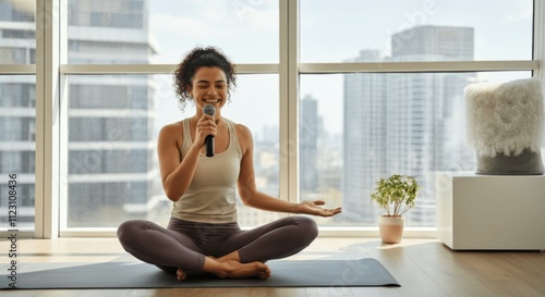 Free Download Young hispanic female practicing meditation and singing at home with city view - GFXLoad