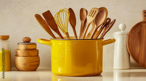 A bright yellow ceramic pot filled with various kitchen utensils photo