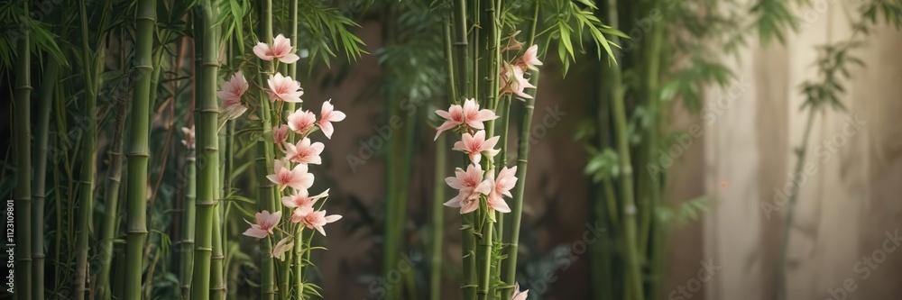 Obraz premium delicate flower blooms amidst a tapestry of soft, feathery bamboo, gentle, natural beauty