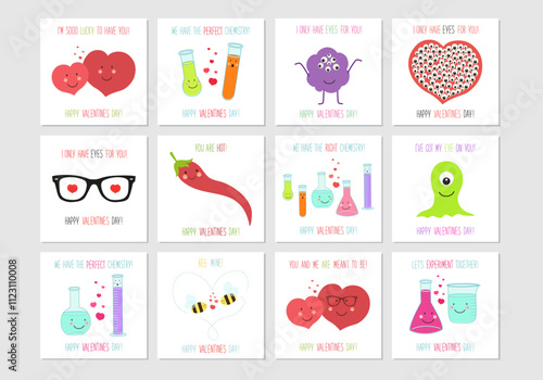 Cute unusual hand drawn Valentines Day card with funny cartoon characters