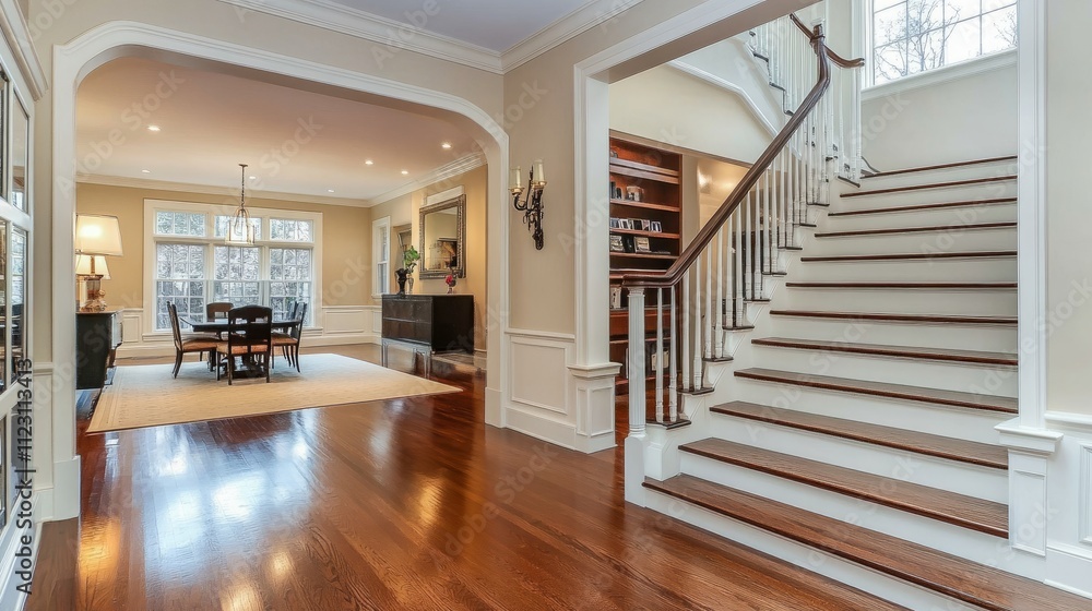 Fototapeta premium A contemporary suburban foyer with polished floors, floating stairs, and seamless flow to a dining area and built-in shelving in the living room