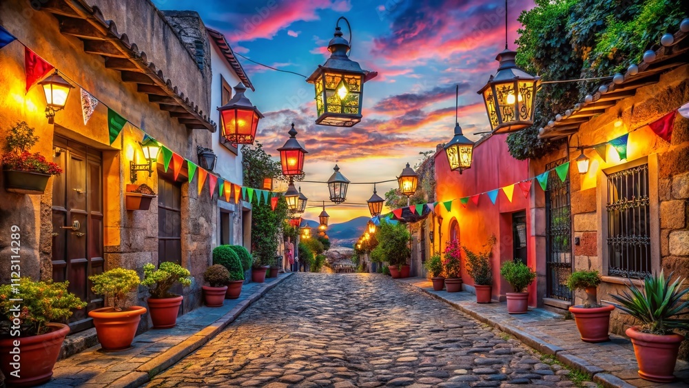 Fototapeta premium Traditional Mexican Lanterns Illuminate a Charming Cobblestone Street During a Vibrant Festive Celebration, Creating a Magical Atmosphere Full of Color and Joy