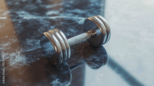 A high-quality close-up image of a sleek, modern dumbbell resting on a clean, minimalist surface photo