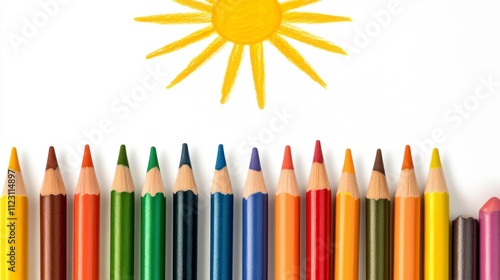 Colorful Crayons and Sun Drawing on White Paper Creating a Vibrant Art Scene for Creative Projects and Educational Purposes, Ideal for Children and Artists