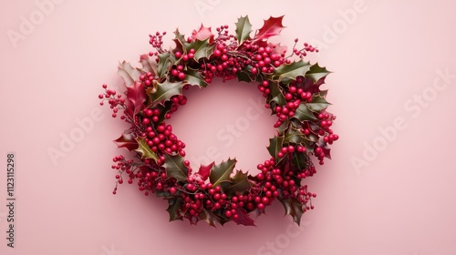 A detailed product-style photograph of holly berries and leaves arranged in a circular wreath on a delicate pastel pink surface, illuminated by even studio lighting, shot with a Phase One XF IQ4 150MP photo