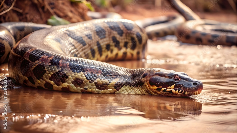 Obraz premium A green anaconda slithering through a riverbank in its natural habitat, showcasing the powerful and majestic presence of this large snake species in a tropical rainforest environment
