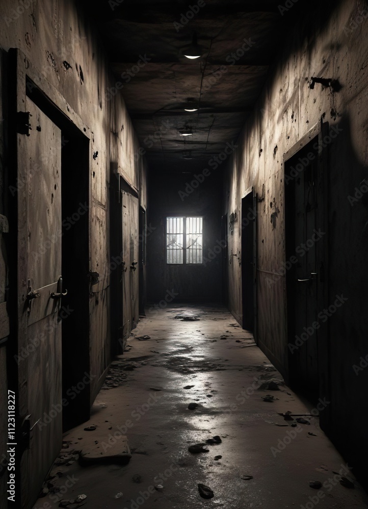 Obraz premium Abandoned prison cells with open doors and darkness , abandoned, darkness